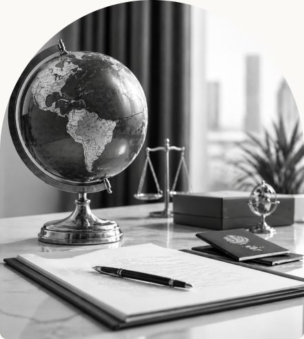 Bureau de notaire avec un globe terrestre, une balance de la justice et des passeports